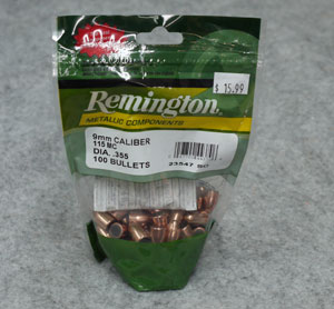 Remington 9mm 115 Grain 355 Diameter FMJ Bullets 100 Count