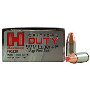 Hornady Critical Duty 9mm +P 135 Grain Flexlock HP Ammo 25 Rounds