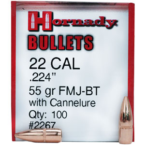 Hornady 22 Cal 55 Grain Full Metal Jacket Boat Tail Bullets 100 Count